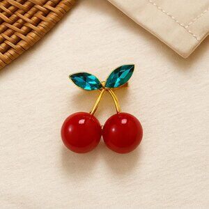 Elegant Vintage Cherry Brooch Gold Tone VTG Fruit Pin Red Enamel Green Leaves